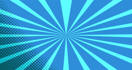 Vintage colorful comic book background. Blue blank bubbles of different shapes. Rays, radial, halftone, dotted effects. For sale banner for your designe 1960s. With copy space eps10.