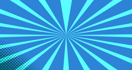 Vintage colorful comic book background. Blue blank bubbles of different shapes. Rays, radial, halftone, dotted effects. For sale banner for your designe 1960s. With copy space eps10.