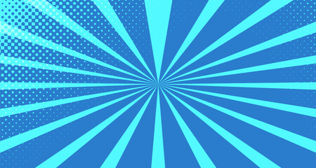 Vintage colorful comic book background. Blue blank bubbles of different shapes. Rays, radial, halftone, dotted effects. For sale banner for your designe 1960s. With copy space eps10.