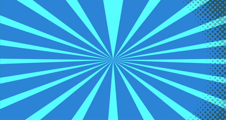 Vintage colorful comic book background. Blue blank bubbles of different shapes. Rays, radial, halftone, dotted effects. For sale banner for your designe 1960s. With copy space eps10.