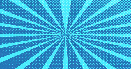 Vintage colorful comic book background. Blue blank bubbles of different shapes. Rays, radial, halftone, dotted effects. For sale banner for your designe 1960s. With copy space eps10.