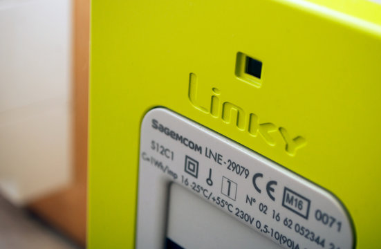 Mulhouse - France - 27 November 2019 - Closeup of New smart electric meter Linky from ERDF (Electricity Network Distribution France) in the entry of Building