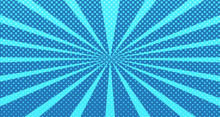 Vintage colorful comic book background. Blue blank bubbles of different shapes. Rays, radial, halftone, dotted effects. For sale banner for your designe 1960s. With copy space eps10.
