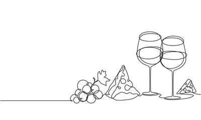A glass of wine and a bunch of grapes. Drawing by a continuous line. Vine and cheese