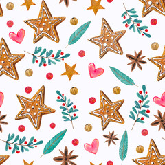 watercolor christmas seamless pattern with new year decor elements. Cookies, leaves,berries,stars,hearts on white background