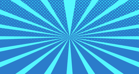 Vintage colorful comic book background. Blue blank bubbles of different shapes. Rays, radial, halftone, dotted effects. For sale banner for your designe 1960s. With copy space eps10.