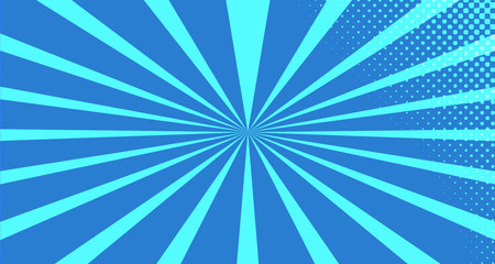 Vintage colorful comic book background. Blue blank bubbles of different shapes. Rays, radial, halftone, dotted effects. For sale banner for your designe 1960s. With copy space eps10.