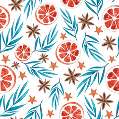 watercolor christmas seamless pattern with new year decor elements. Oranges, leaves,stars on white background