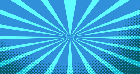 Vintage colorful comic book background. Blue blank bubbles of different shapes. Rays, radial, halftone, dotted effects. For sale banner for your designe 1960s. With copy space eps10.