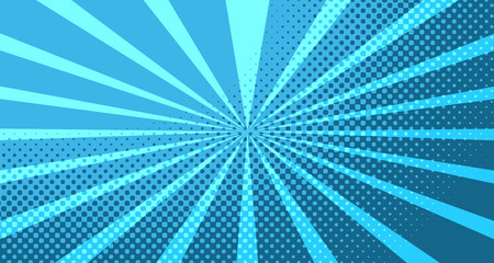 Vintage colorful comic book background. Blue blank bubbles of different shapes. Rays, radial, halftone, dotted effects. For sale banner for your designe 1960s. With copy space eps10.