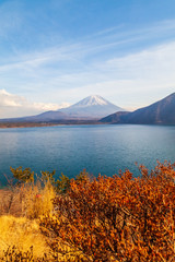 The view of Lake Motoko, One of the 5 lakes around Mount Fuji, 1000 yen Japanese symbol, in the bright blue sky. Japan's landmark, Japan, Fuji san.