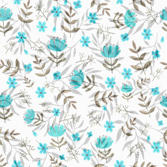 watercolor winter blue and grey leaf seamless pattern