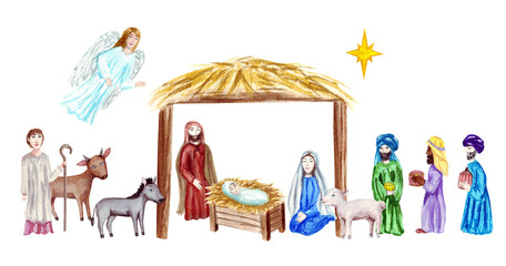 Christmas Crib, Holy Family, Christmas nativity scene with baby Jesus, Mary and Joseph in the manger with sheep, cow, donkey, angel, shepherd and the magi. Christian Catholic religious card, isolated,