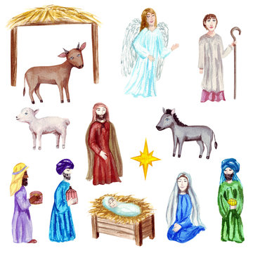 Christmas Crib, Holy Family, Christmas nativity scene with baby Jesus, Mary and Joseph in the manger with sheep, cow, donkey, angel, shepherd and the magi. Christian Catholic religious card, isolated,