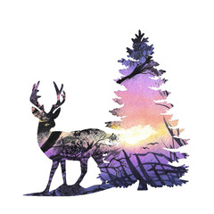 watercolor abstract colorful  silhouette of deer and pine trees on a white background