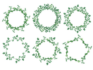 Watercolor set of round wreath with silver dollar eucalyptus. Hand drawn green plants isolated on white background. Elements for wedding invitation, poster, save the date, greeting cards design