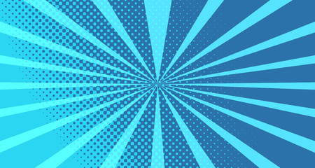 Obraz premium Vintage colorful comic book background. Blue blank bubbles of different shapes. Rays, radial, halftone, dotted effects. For sale banner for your designe 1960s. With copy space eps10.