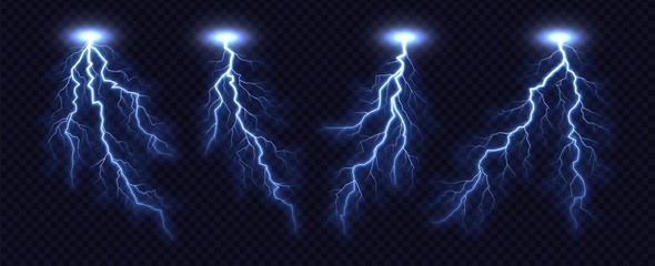 Lightning bolt collection isolated on transparent background. Realistic thunderbolt set. Lighting effect vector illustration.