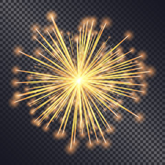 Firework sparkling with lights isolated on transparent background. Explosion for festival, festive moods. New Year celebration holidays. Bright and shiny decoration. Vector sparkle and glittering ray