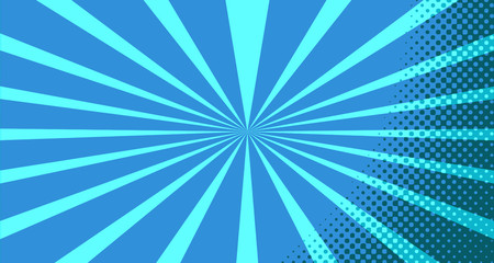 Vintage colorful comic book background. Blue blank bubbles of different shapes. Rays, radial, halftone, dotted effects. For sale banner for your designe 1960s. With copy space eps10.