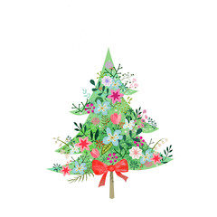 Christmas tree decorated illustration. Star, decoration balls concept in colorful cartoon flat style. Merry Christmas and a happy New Year design for promotion, poster, greeting card