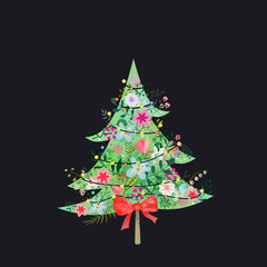 Christmas tree decorated illustration. Star, decoration balls concept in colorful cartoon flat style. Merry Christmas and a happy New Year design for promotion, poster, greeting card