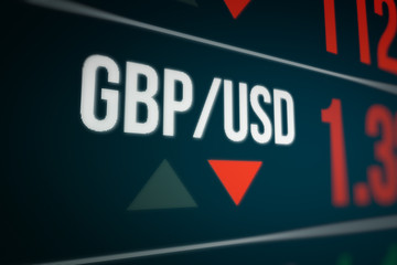 Currency Exchange on LED Display. Strength and Power Down of the British Pound (GBP)