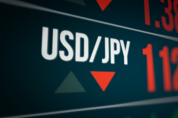 Currency Exchange on LED Display. Strength and Power Down of the Japanese Yen (JPY).