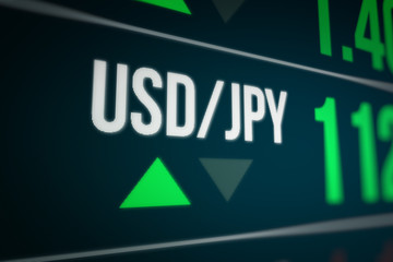 Currency Exchange on LED Display. Strength and Power Up of the Japanese Yen (JPY)