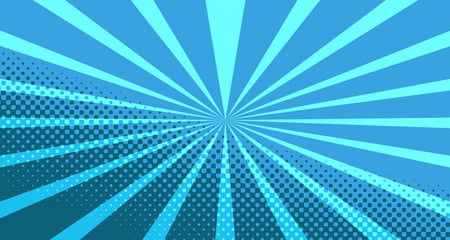 Vintage colorful comic book background. Blue blank bubbles of different shapes. Rays, radial, halftone, dotted effects. For sale banner for your designe 1960s. With copy space eps10.