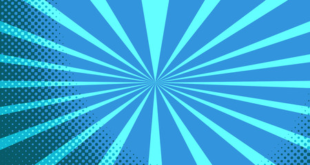 Obraz premium Vintage colorful comic book background. Blue blank bubbles of different shapes. Rays, radial, halftone, dotted effects. For sale banner for your designe 1960s. With copy space eps10.