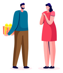 Man giving present on anniversary. Boyfriend making surprise for girlfriend on special date. Excited female character waiting to open gift. Celebration of holidays in pair vector in flat style