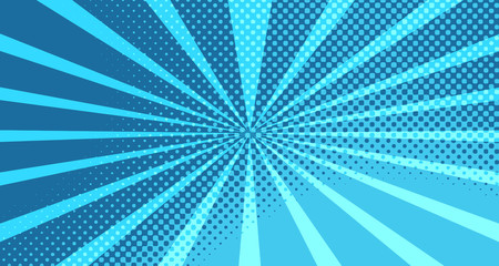 Vintage colorful comic book background. Blue blank bubbles of different shapes. Rays, radial, halftone, dotted effects. For sale banner for your designe 1960s. With copy space eps10.