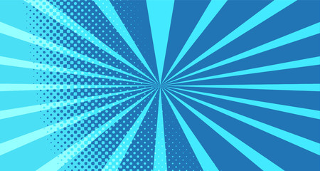 Vintage colorful comic book background. Blue blank bubbles of different shapes. Rays, radial, halftone, dotted effects. For sale banner for your designe 1960s. With copy space eps10.
