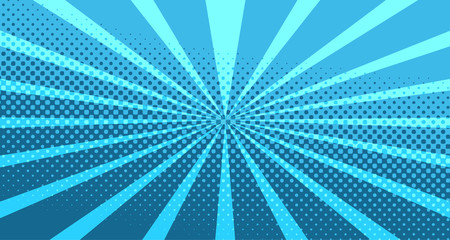 Vintage colorful comic book background. Blue blank bubbles of different shapes. Rays, radial, halftone, dotted effects. For sale banner for your designe 1960s. With copy space eps10.