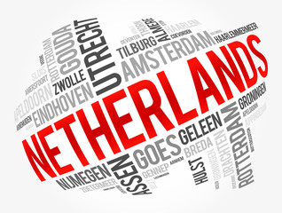 List of cities and towns in Netherlands, word cloud collage, business and travel concept background