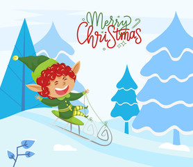 Merry christmas, holiday greeting postcard. Fairy character actively spend time riding sleigh. Happy elf sledding downhill in forest. Vector illustration of wintertime activity in flat style