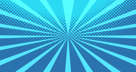 Vintage colorful comic book background. Blue blank bubbles of different shapes. Rays, radial, halftone, dotted effects. For sale banner for your designe 1960s. With copy space eps10.