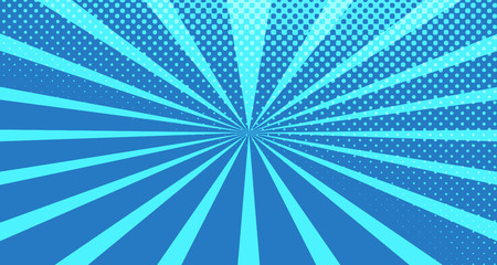 Vintage colorful comic book background. Blue blank bubbles of different shapes. Rays, radial, halftone, dotted effects. For sale banner for your designe 1960s. With copy space eps10.