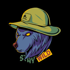 Cartoon of grizzly bear with hat. Bear camping illustration. Stay wild. Campfire design for emblem, tshirt design, sticker, wall art