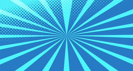 Vintage colorful comic book background. Blue blank bubbles of different shapes. Rays, radial, halftone, dotted effects. For sale banner for your designe 1960s. With copy space eps10.