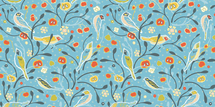 Vintage apple tree and bird on light blue dotted background. Seamless vector pattern. Perfect for fabric, wallpaper, giftwrap or postcard design