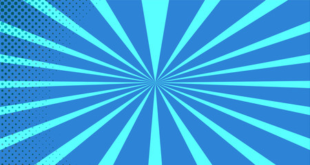 Vintage colorful comic book background. Blue blank bubbles of different shapes. Rays, radial, halftone, dotted effects. For sale banner for your designe 1960s. With copy space eps10.