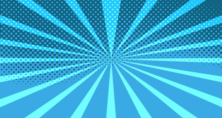 Vintage colorful comic book background. Blue blank bubbles of different shapes. Rays, radial, halftone, dotted effects. For sale banner for your designe 1960s. With copy space eps10.