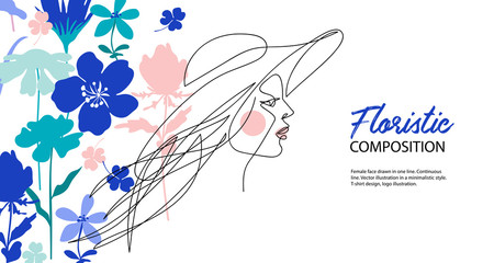 Profile of a girl in a hat. Woman with long hair. Silhouettes of flowers. Horizontal banner.