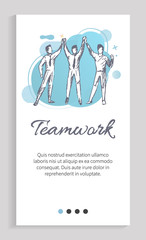 Workers characters holding hands employees cooperation, team strategy, business partnership colleagues standing together, teamwork slide vector. Website or app slider template, landing page flat style