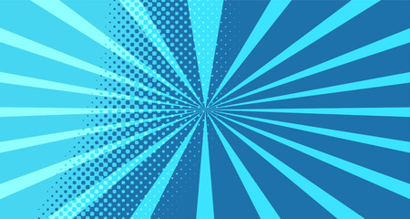 Vintage colorful comic book background. Blue blank bubbles of different shapes. Rays, radial, halftone, dotted effects. For sale banner for your designe 1960s. With copy space eps10.