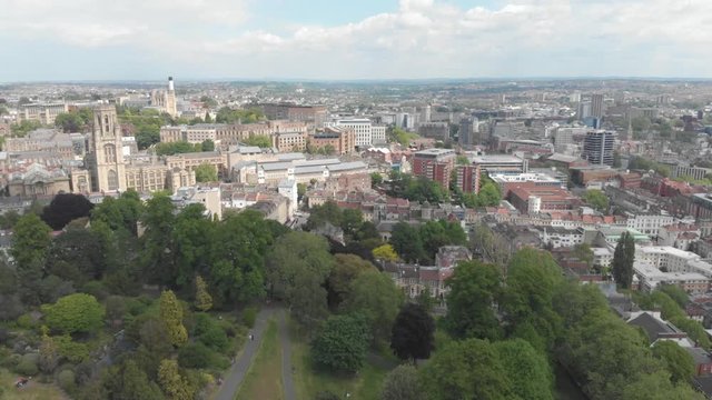 Aerial drone shot of Brandon Hill Park & Bristol city centre