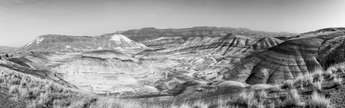 Panoramic black and white view from Painted Hills Overlook