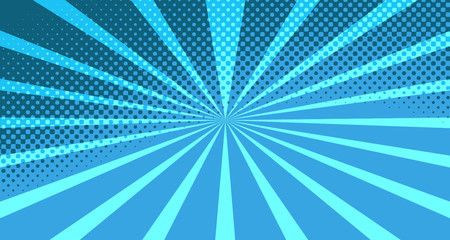 Vintage colorful comic book background. Blue blank bubbles of different shapes. Rays, radial, halftone, dotted effects. For sale banner for your designe 1960s. With copy space eps10.